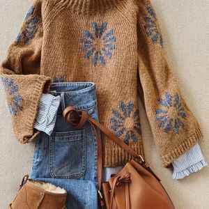 Plus Size, Plus Size Dames Herfst/Winter Warme Casual Vintage Hoge Hals Contrasterende Kleur Bloemenpatroon Elegante Dagelijkse Veelzijdige Pullover Top