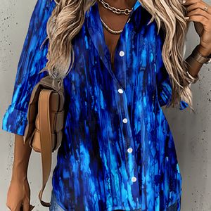 Vrouwen Casual Lange Mouw Overhemd - Blauw & Wit Tie-Dye Print, Relaxed Fit, Wasmachinebestendig, Lente Zomer Mode Top, Casual Kleding, Niet Rekbaar Materiaal