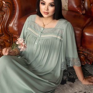 Plus Size Dames Koningsblauwe Kanten Trim Slaapjurk - Vierkante Hals, Niet-Rekbare Stof, , Elegante Nachtkleding voor Volwassenen, Slaapjurk