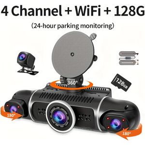 128GB , 360° panoramische dashcam met meerdere lenzen, ultra-wijde hoek nachtzichtfunctie, WiFi-verbinding, loopopname en , 24-uurs parkeermonitoring multifunctionele dashcam