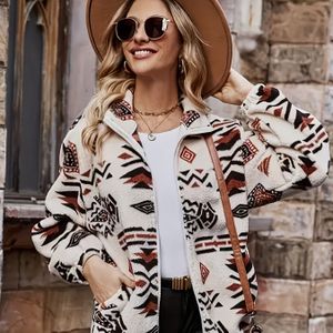 Azteek Fleece Jack met Rits, Elegante Lange Mouwen Warme Herfst- en Winterjas voor Vrouwen