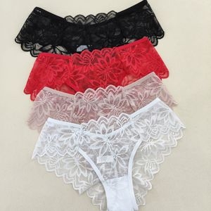 4-Pack Dames Bloemenkant Bikinislipjes - Sexy Lage Taille, Rekbare Pasvorm, Halfdoorzichtig met Gekartelde Randen in Zwart, Rood, Wit & Lichtroze, Vrouwelijke Lingerie | Verfijnde Kantafwerking
