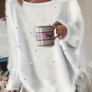Strass Koude Schouder Pluche Trui, Casual Losse Trui Met Lange Mouwen, Dameskleding