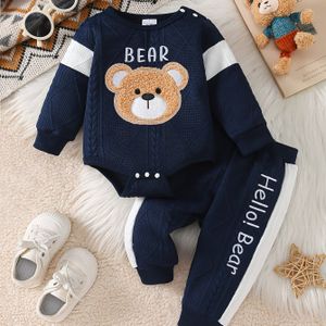2 stuks Nieuwe Jongens Hoodie met Cartoon Beer Borduursel + Color Block Broek Set, Schattige Casual Sportkleding voor Herfst en Winter, Ideaal voor Buiten