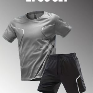 2- Heren Zomersportkleding Set - Comfortabel Polyester T-shirt met Ronde Hals & Zwarte Shorts met Trekkoord en Zijstreep, Casual Stijl, Makkelijk te Onderhouden, Atletische Shorts