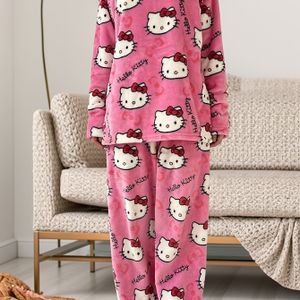 Sanrio Gelicentieerde Hello Kitty 4-Kleuren Flanellen Pyjamaset voor Vrouwen - Lange Mouw Top & Broek, Schattige Cartoon Nachtkleding voor Thuis/Buiten (Wit/Roze/Zwartroze/Heet Roze)