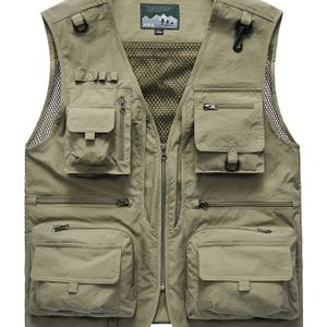 Mesh Splicing Mouwloos Cargo Zipper Vest - Multi-pocket Ontwerp Casual Trendy Varsity Vest Buiten Vissen Sportkleding
