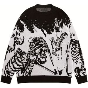 Y2K Dames Skull & Flame Graphic Pullover - Zwart/Wit Geometrisch Print Ronde Hals Lange Mouw Top voor Herfst/Winter, Edgy Casual Streetwear, Comfortabele Pasvorm