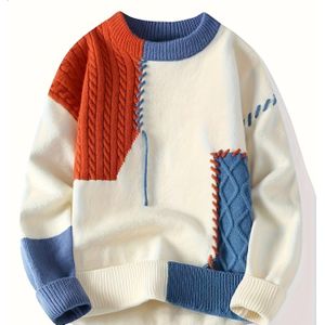 Herensweater met Kleurblokken - Zachte Geribbelde Textuur, Machinewasbare Ronde Hals Pullover voor Lente Herfst Winter, Casual & Volwassen Gelegenheden, Duurzame Slijtvastheid
