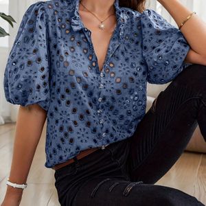 2024 Elegante Oogjes Geborduurde Pofmouw Hemd