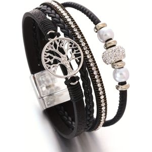 Vintage Boho Style Artificial Leather Wristband With Alloy Tree Of And Rhinestones, Ideal For Or As A Gift For Birthdays Or Friendship - Pack Of 1