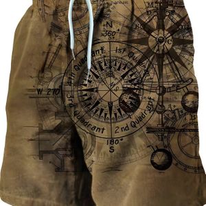 Men's Fashion Casual Khaki Compass Print Beach Shorts, Drawstring Beach Shorts For Summer Beach Resort, Hawaiian Shorts
