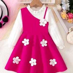 Jonge Meisjes Mode Casual Tweedelige Kleurblok Lange Mouw Lace-Up Kraag Spaghetti Band Bloemenprint Rechte Rokjurk voor Dagelijks Gebruik en Buitenactiviteiten, Lente/Herfst Stijl