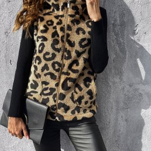 1pc Dames leeuwenprint teddy fleece hoge hals mouwloze warme vest met zakken - Casual polyester breigaren stof herfst/winter volwassen cardigan