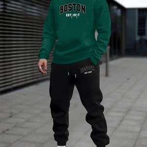 Boston Opgericht in 1917 Polyester Heren Hooded Trainingspak - Sportstijl, Geometrisch- Workout Top en Broek Set met Zakken, Reguliere Pas Knit Stof, Licht Stretch voor Lente/Herfst - 1 Stuk