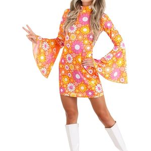 Stijlvolle Bloemenprint Jurk met Lange Mouwen voor Dames - Levendige Roze & Paarse Ontwerp, Casual Hoge Hals, Lange Mouwen, Perfect voor Cosplay & Dagelijks Mode