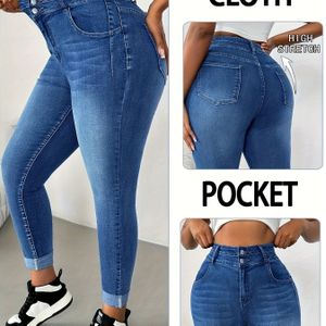 Dames Plus Size High-Waist Blauwe Slim-Fit Jeans - Stretchy Denim met Gerolde Zoom, Voorzakken en Comfortabele Pasvorm voor Casual Uitstapjes