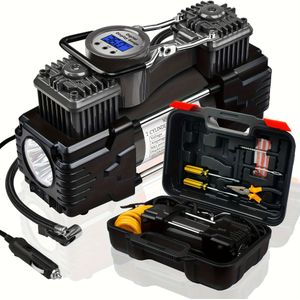 MESHUBA Twin Cylinder Luchtcompressor met Toolbox Auto Uit Schakelen Draagbare Zware Bandenpomp met Digitale Meter en LED-licht 12V 150 PSI Auto Pomp, zonder batterij
