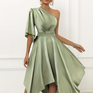 Elegant One-shoulder Satin Dress With Ruffle Sleeves And Asymmetrical Hem - Mint Green, Cinched Waist, Flowing A-line Silhouette, Evening Parties And Formal Events,