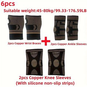 6-delige Compressie Koper Gebreide Sportkleding: 2 stuks Koperen Polsbrace, 2 stuks Koperen Knie Sleeves, 2 stuks Koperen Enkel Sleeves voor Fitness, Hardlopen, Fietsen, Voetbal