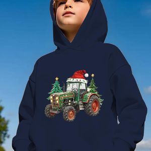 Kerst Tractor Hoodie met Kerstmuts & Boerderijdieren Print - Warme Winter Pullover Sweatshirt 5-13 Jaar, Machinewasbaar Casual Gejacket (Groene Trekker en Rode Koeien Ontwerp)