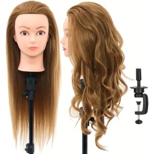 Mannequinhoofd met 80% Mensenhaar voor Kosmetologie - Oefenpop Hoofd voor Vlechten en Stylen, Poppenhoofd met Tafelklemstandaard