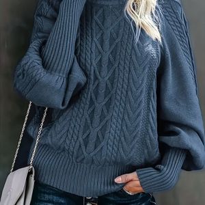 1pc Elegante Polyester Brei Trui voor Vrouwen - Hoge Hals, Lange Raglan Mouwen, Kleur Kabel Brei Trui, Ruime Pasvorm, Geen Vulling, Medium Stretch - Herfst/Winter Mode