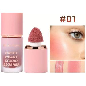 Vloeibare blush die langdurig is, waterdicht en kleurstabiel, met een matte afwerking, en een roze blushstick.