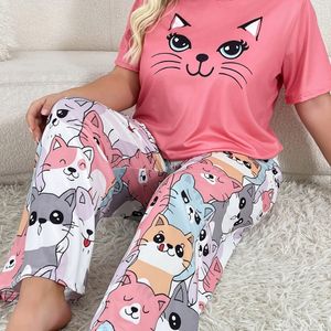 Plus Size Nachtkleding Set voor Dames met Schattige Cartoon Dierenprint, Ronde Hals en Korte Mouwen plus Broek voor