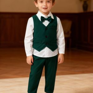 Jongens' Gentleman Outfit Bestaande Uit Een Overhemd Met Een Boord, Vest En Broek, Geschikt Voor Lente En Herfst.