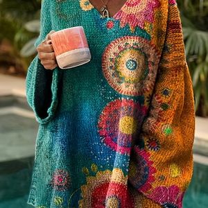 Plus Size, Lente Nieuwe 2D Print Geometrisch V-Hals Elegante Stijl