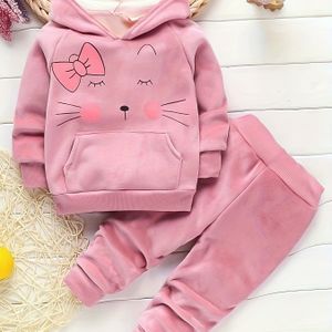 Winter Nieuwe Meisjes Hoodie met Strik Kitten Sweatshirt Tweedelige Set, Herfst Lange Mouwen Lange Broek Outfit voor Baby Meisjes, Perfect voor Buiten
