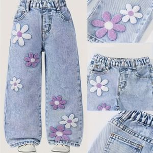 Meisjes' Zoete Broek met Bloemenborduursel & Elastische Tailleband - Zacht Gewassen Denim, & Kleur, Geschikt voor Casual in Alle Seizoenen, Outfits voor Kinderen