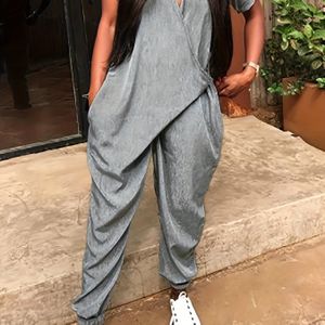 Oversized Harem Jumpsuit - Korte Mouwen met Kruisende Kraag, Wijdpijp Romper, Kleur Casual Zomerjurk, Lente/Herfst Outfits, Machinewasbare Losse Broekpak voor Strand & Casual Kleding