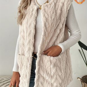 Getextureerde Open Front Fuzzy Vest Jas, Elegante Mouwloze Warme Buitenkleding Voor Herfst & Winter, Dameskleding