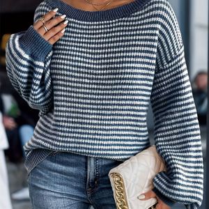 Vrouwen Off-the-Shoulder Gestreepte Trui - Zwart-Witte Horizontale Strepen, Losse Pasvorm met Geribbelde Details, Top voor Alle Seizoenen, Comfortabele Breiweefsel