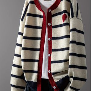 Dames Trui - & Marineblauw Gestreepte Vest met Rode Accenten, Lange Mouw Knoopsluiting, Knusse Herfst Winter Trui voor Dagelijks & Formele Outfits