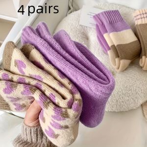 4 vrouwelijke warme fleece-gevoerde sokken tot middenknie - Dikke ribbige, hartenpatronen in en , warme winter sokken voor vrouwen, leuke sokken