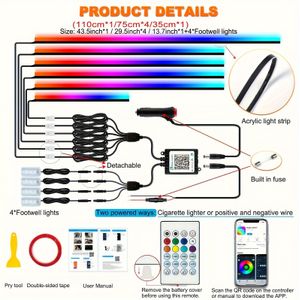 10-in-1 Auto LED Strip Licht Acryl Interieurverlichting met Muziek Sync Dynamische Regenboog Kleurenverloop voor Auto Sfeerverlichtingsset