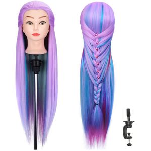 Mannequin Hoofd met Iridescent//Blauw/Blond Omber Kleur Haar Manikin Trainingshoofd Haar Oefenpop Cosmetologie Haar Pop Styling Kapsel Vlechten Hoofden met Klemhouder en Gereedschap 28 inch