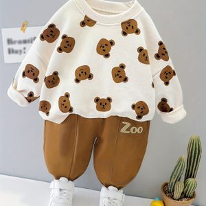 Peuterjongens schattige beer print sweatshirt met lange mouwen en broek set, ronde hals polyester gebreid, pasvorm, lichte stretch, dierenpatroon, lente/herfst outfit, voor buiten