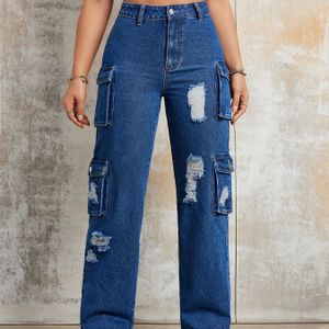 Gescheurde Rechte Pijp Zakje Spijkerbroek, Veelzijdige Hoge Taille Gescheurde Cargospijkerbroek, Dames Spijkerbroeken & Kleding