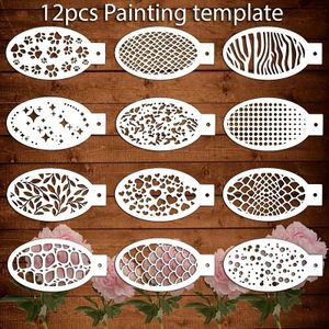 12-delige Gezichtsschilderij- en Make-up Sjablonenset, Wasbaar en Herbruikbaar, DIY Gezichts- en Lichaamstatoeageborstels met Stempelplaat, Geschikt voor Feestjes en Bodypainting Templates