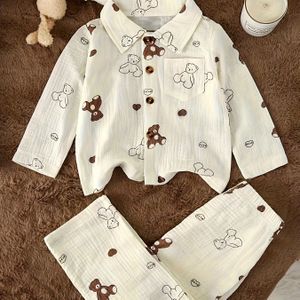 2-delige Baby Jongen Schattige Beer Set | Beer Print Shirt met Lange Mouwen en Reverskraag en Lange Broek | Regular Fit voor Alle Seizoenen, voor Buiten