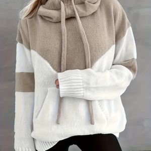 Oversized Patchwork Pullover voor dames met ronde hals en zak, polyester gebreid materiaal, elegante herfst/winterstijl, lichte stretch, gebreid materiaal weefmethode, 320g/m² stofgewicht