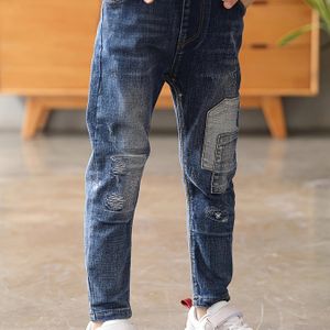 Modieuze Patched Denim Lange Broek Voor Jongens Met Zak, Kinderkleding Voor Lente En Herfst Buiten
