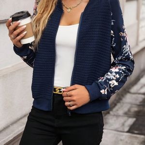 Bloemenprint Zip Up Wafeljack, Casual Lange Mouw Baseball Kraag Jas Voor Lente & Herfst, Dameskleding