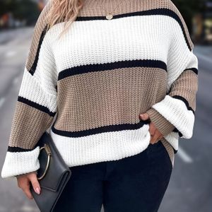Plus Size Trui voor Vrouwen, Nieuwe Herfst- en Wintertrui met Strepen, Kleurblokkering Luie Stijl, Coltrui met Lange Mouwen
