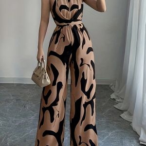 Vrouwen Elegante Schoudervrije Jumpsuit met Brede Pijpen en Striktaille - Zwart-Wit Abstract , Polyester Stof, Perfect voor Vakantie en Dagelijks Chique