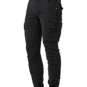 Herenslim-fit distressed denim jeans met meerdere zakken – licht beige, geknipte knie en dij, knopsluiting, streetwear stijl, , casual streetwear | Distressed denim | Medium stretch stof